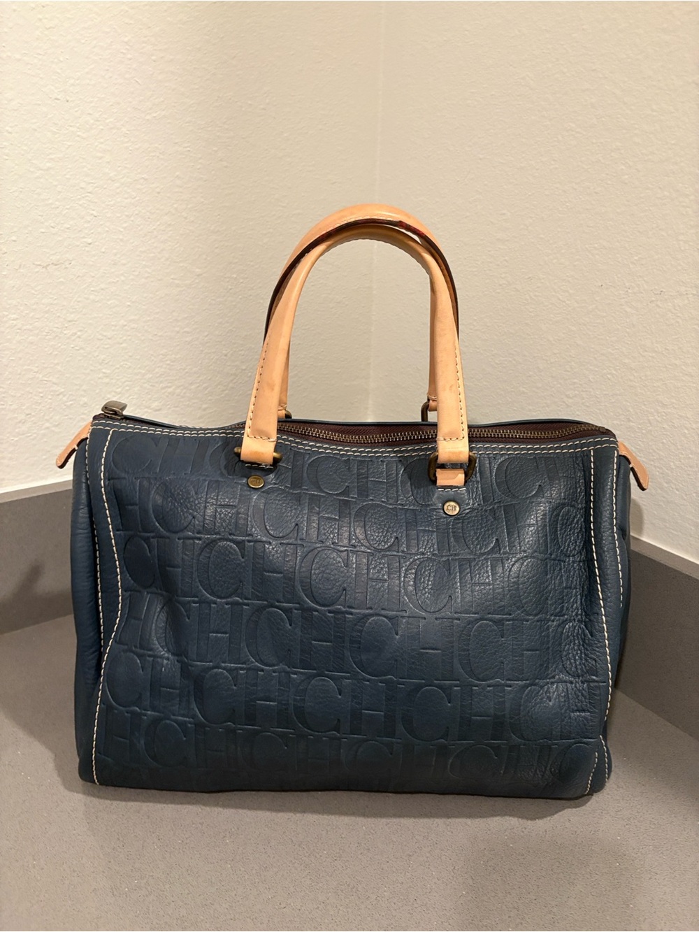 Carolina Herrera Navy Embossed CH Monogram Satchel with Tan Handles